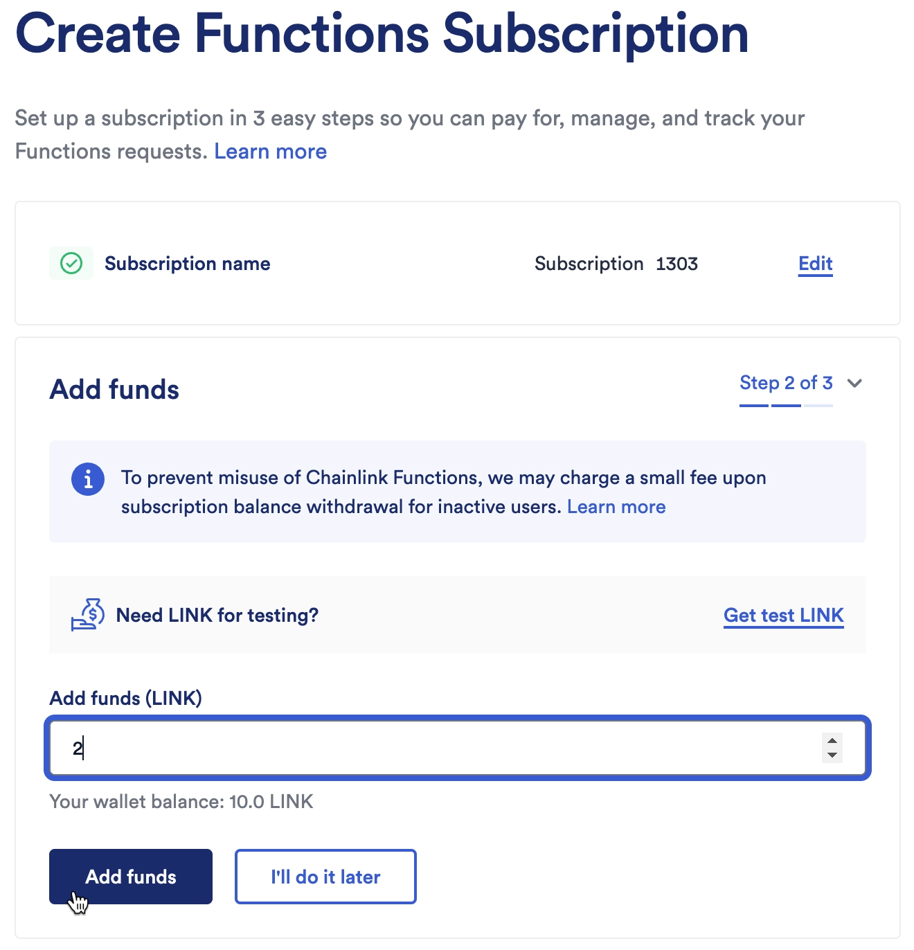 Chainlink Functions subscription add funds